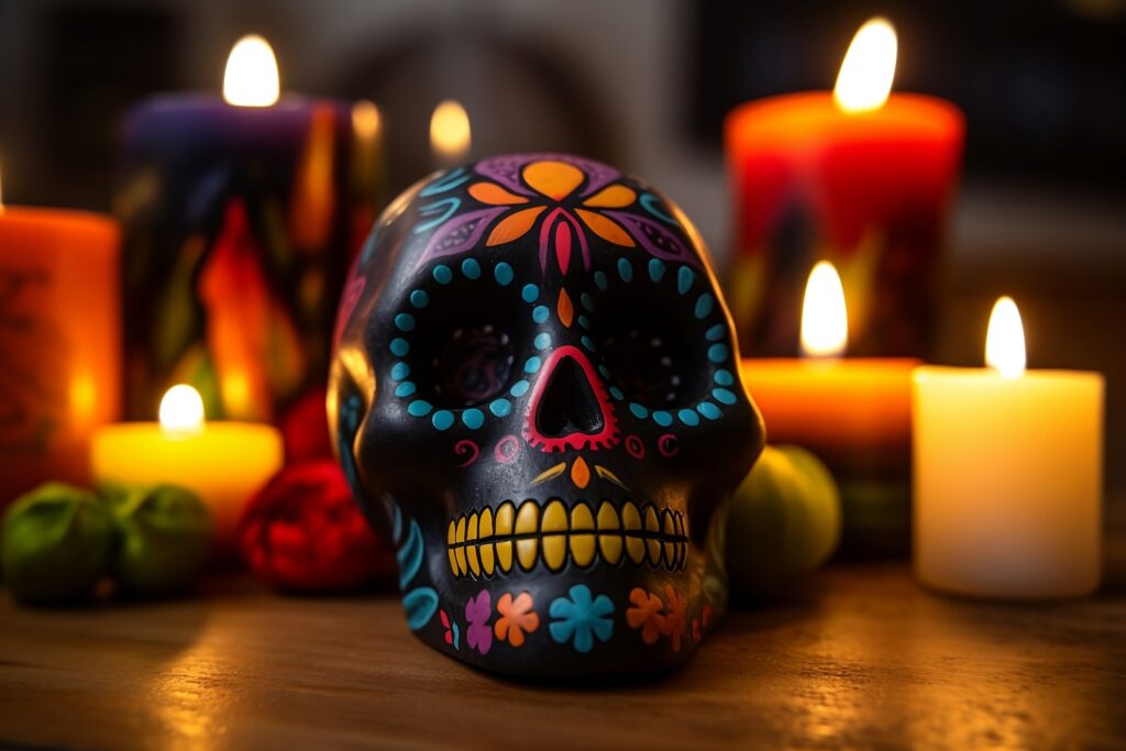a colorful skull sitting on top of a table next to candles